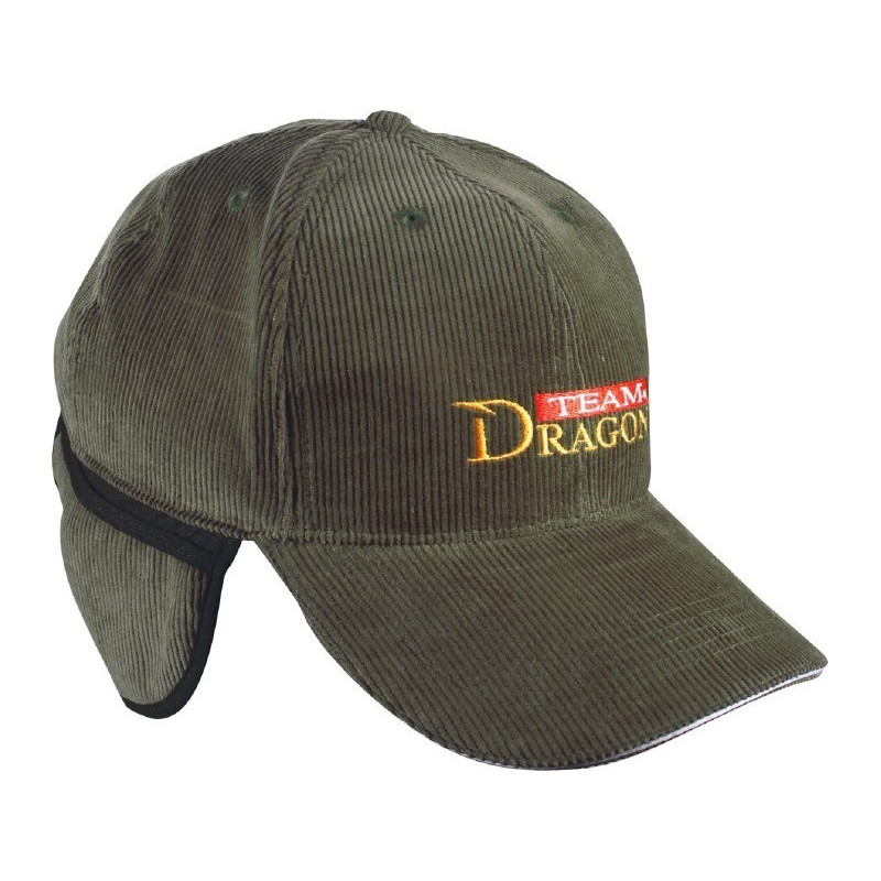 Czapka Dragon zimowa Baseball z nausznikami - zielony sztruks