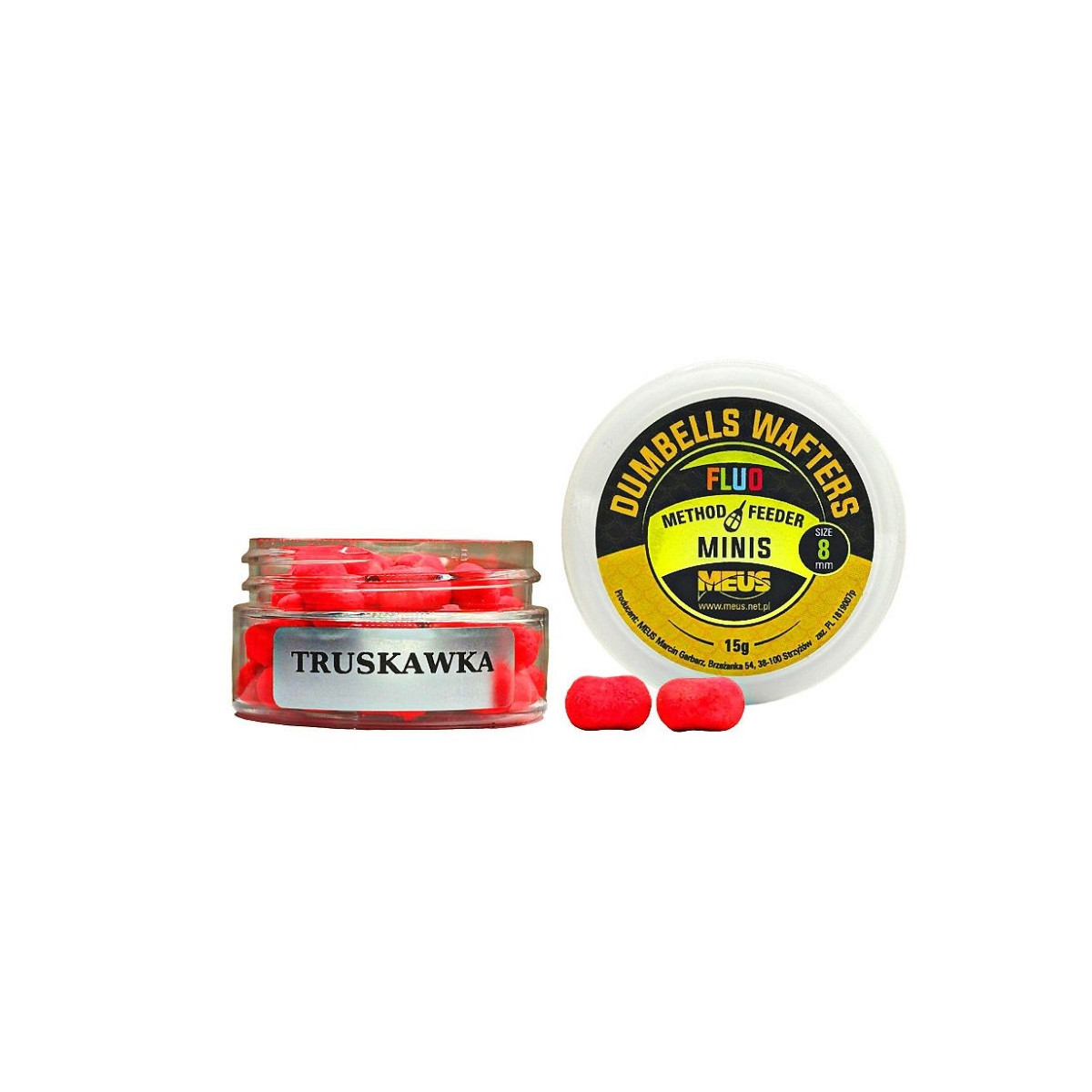 Kulki hakowe Meus Dumbells Fluo Wafters MINIS 15g - 8mm truskawka Kulki hakowe Meus Dumbells Fluo Wafters MINIS 15g - 8mm truskawka