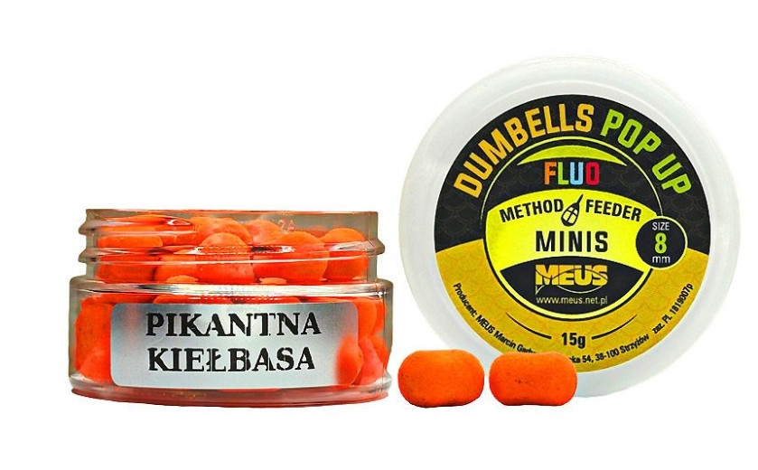 Kulki Meus Dumbells Fluo Pop Up MINIS 15g - 8mm Pikantna Kiełbasa Kulki Meus Dumbells Fluo Pop Up MINIS 15g - 8mm Pikantna Kiełbasa
