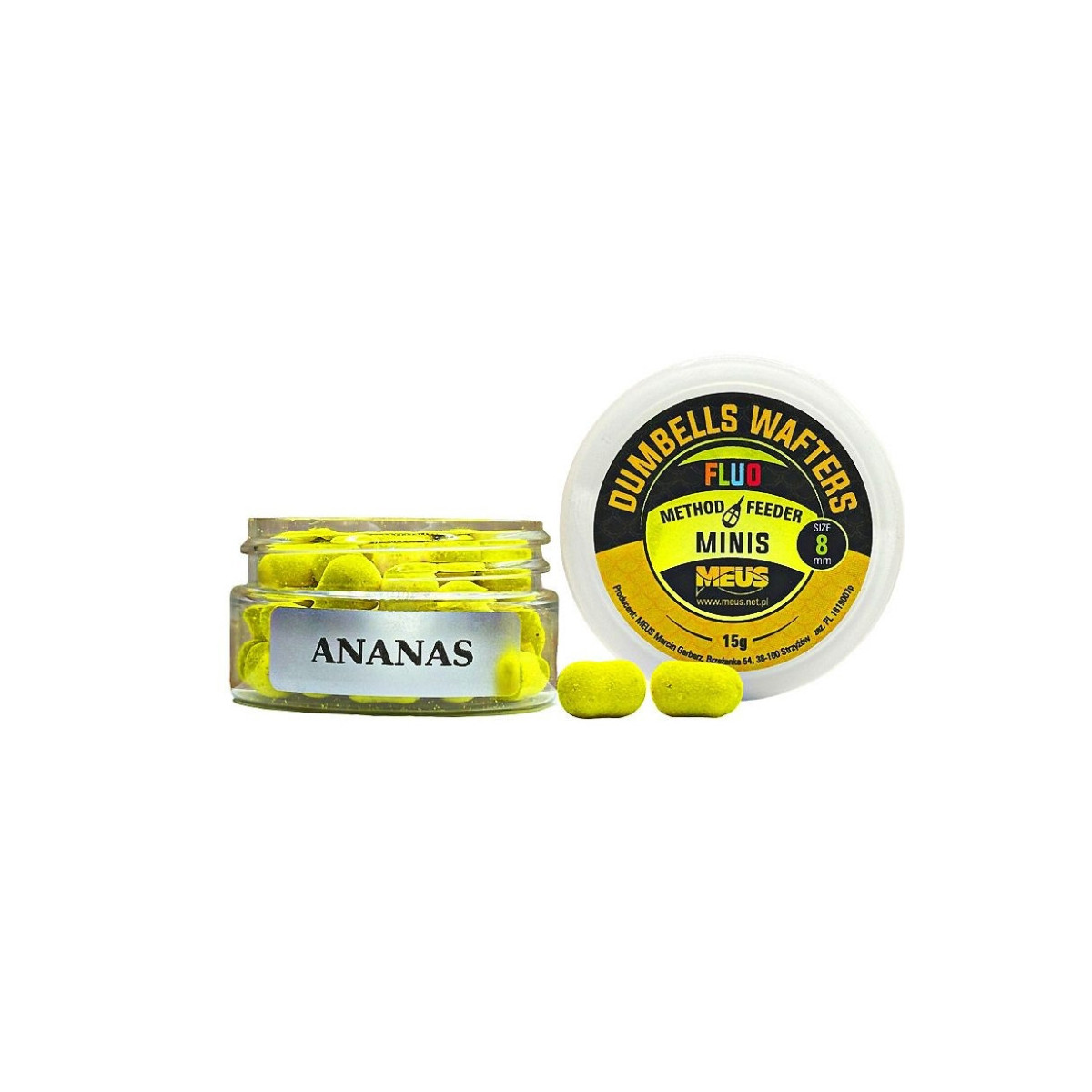 Kulki hakowe Meus Dumbells Fluo Wafters MINIS 15g, 8mm - ananas Kulki hakowe Meus Dumbells Fluo Wafters MINIS 15g, 8mm - ananas