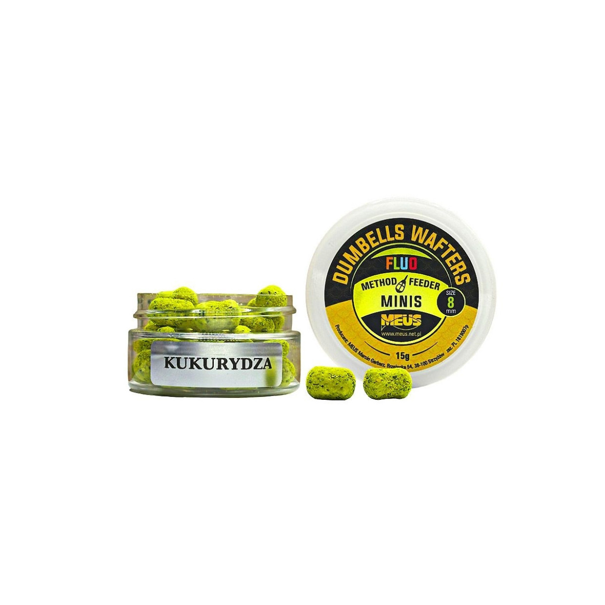 Kulki hakowe Meus Dumbells Fluo Wafters MINIS 15g, 8mm - kukurydza Kulki hakowe Meus Dumbells Fluo Wafters MINIS 15g, 8mm - kukurydza