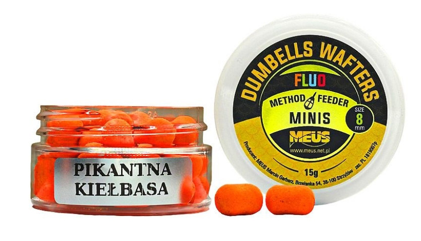 Kulki hakowe Meus Dumbells Fluo Wafters MINIS 15g / 8mm / pikantna kiełbasa Kulki hakowe Meus Dumbells Fluo Wafters MINIS 15g / 8mm / pikantna kiełbasa