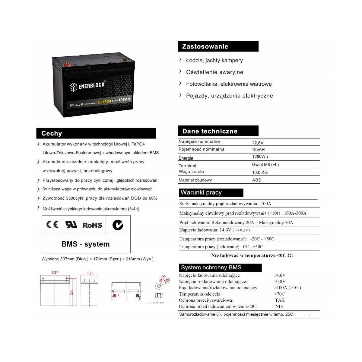 Akumulator Enerblock Lifepo4 12V 105AH JLFP12-105