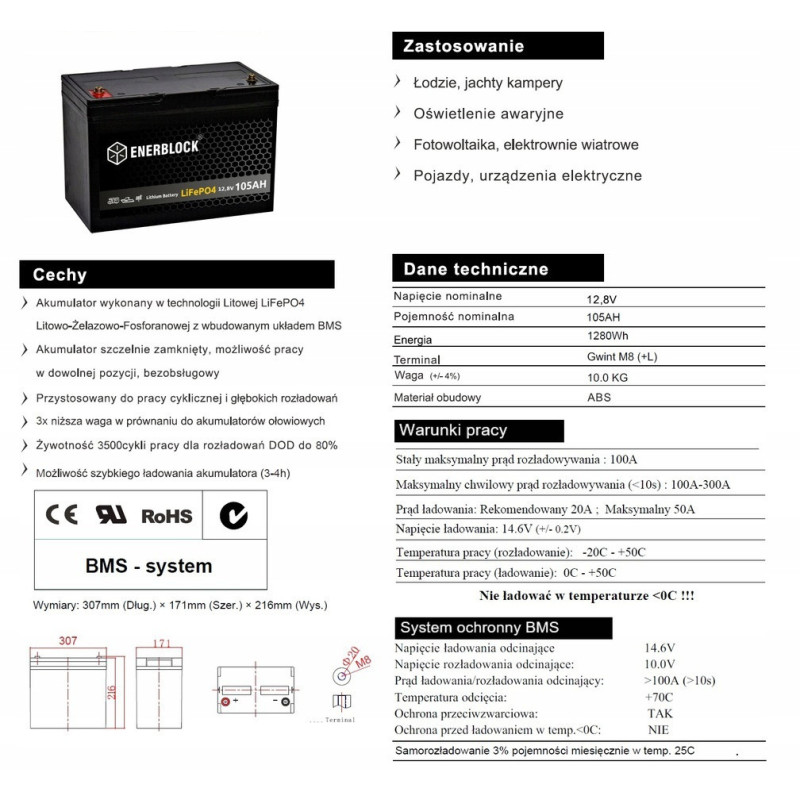 Akumulator Enerblock Lifepo4 12V 105AH JLFP12-105