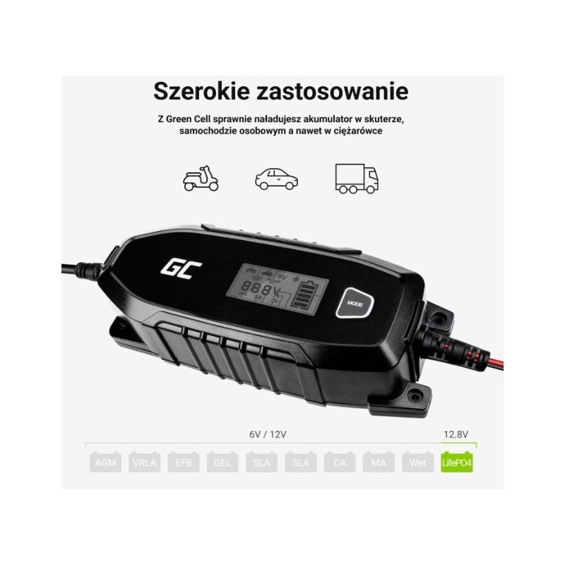 Ładowarka do akumulatora Green Cell 6V / 12V (4A) AGM, LiFePO4, GEL, SLA z funkcją inteligentnej diagnostyki