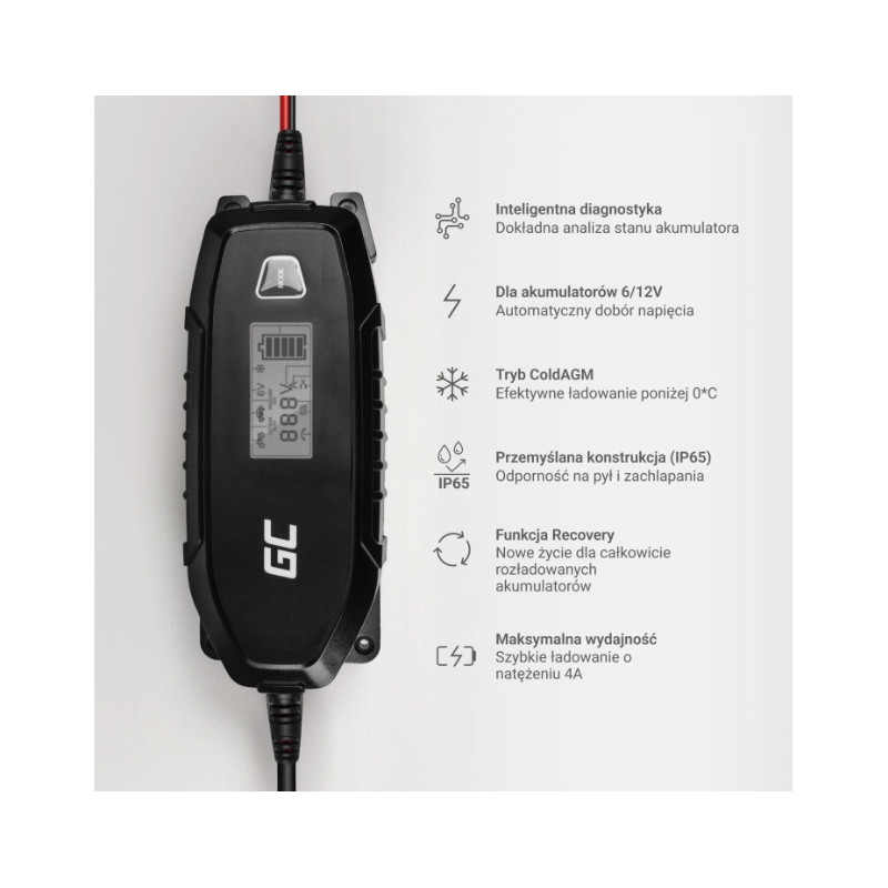 Ładowarka do akumulatora Green Cell 6V / 12V (4A) AGM, LiFePO4, GEL, SLA z funkcją inteligentnej diagnostyki