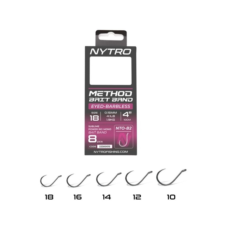 Przypony Nytro Nto-b2 Barbless Method Latex Bait Band 10cm / 0,21mm / hak12 Przypony Nytro Nto-b2 Barbless Method Latex Bait Band 10cm / 0,21mm / hak12