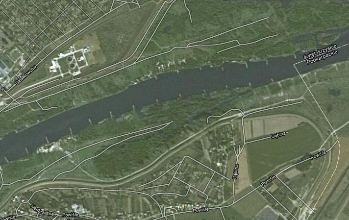 Widok na tamy w Sandomierzu z satelity Widok na tamy w Sandomierzu z satelity