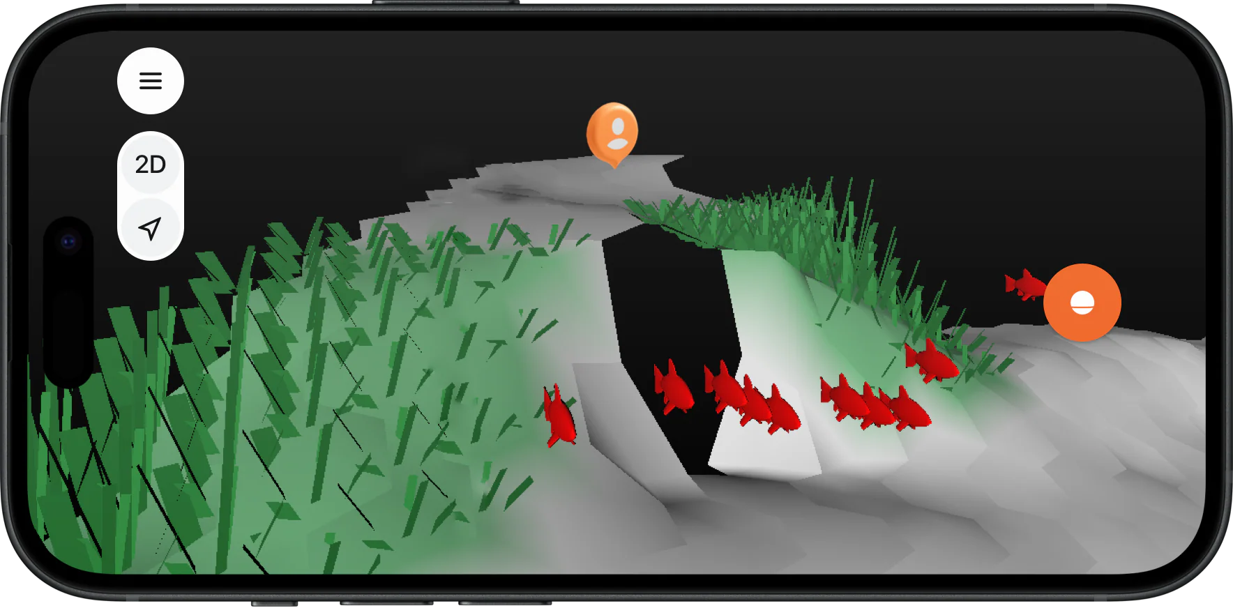 Przykładowa mapa 3D dna i roślinności w Fish Deeper